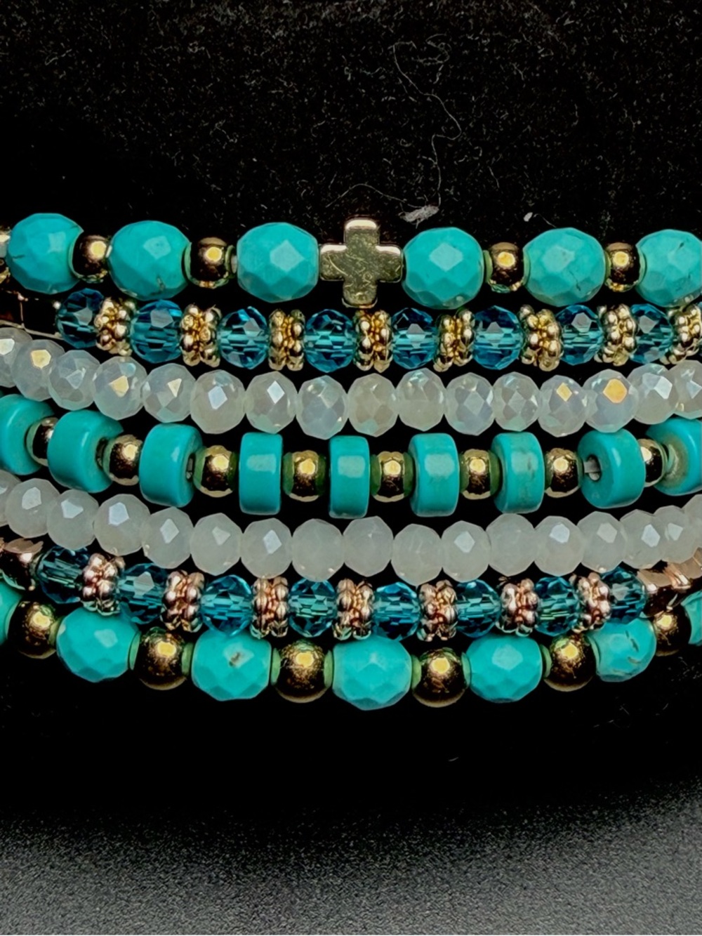 Beautiful Turquoise Beads,Glass Crystals, Gold Bracelet Stacking Stretchy Set